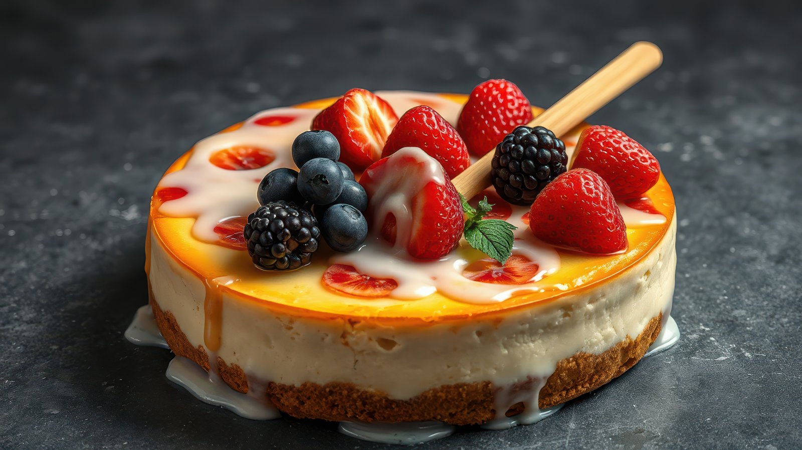 Tasty cheesecake topped with fresh berries and a drizzle of creamy sauce on a dark rustic surface